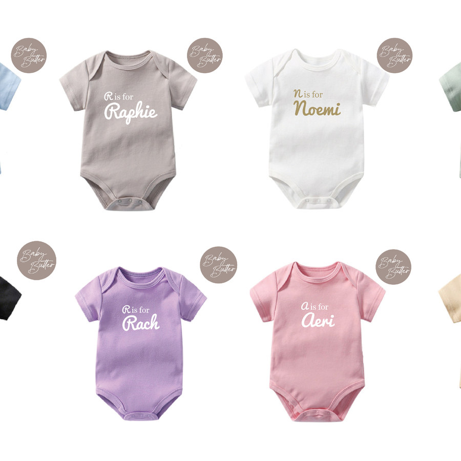 Alphabet + Name Customisation (A is for..?) on Baby Romper