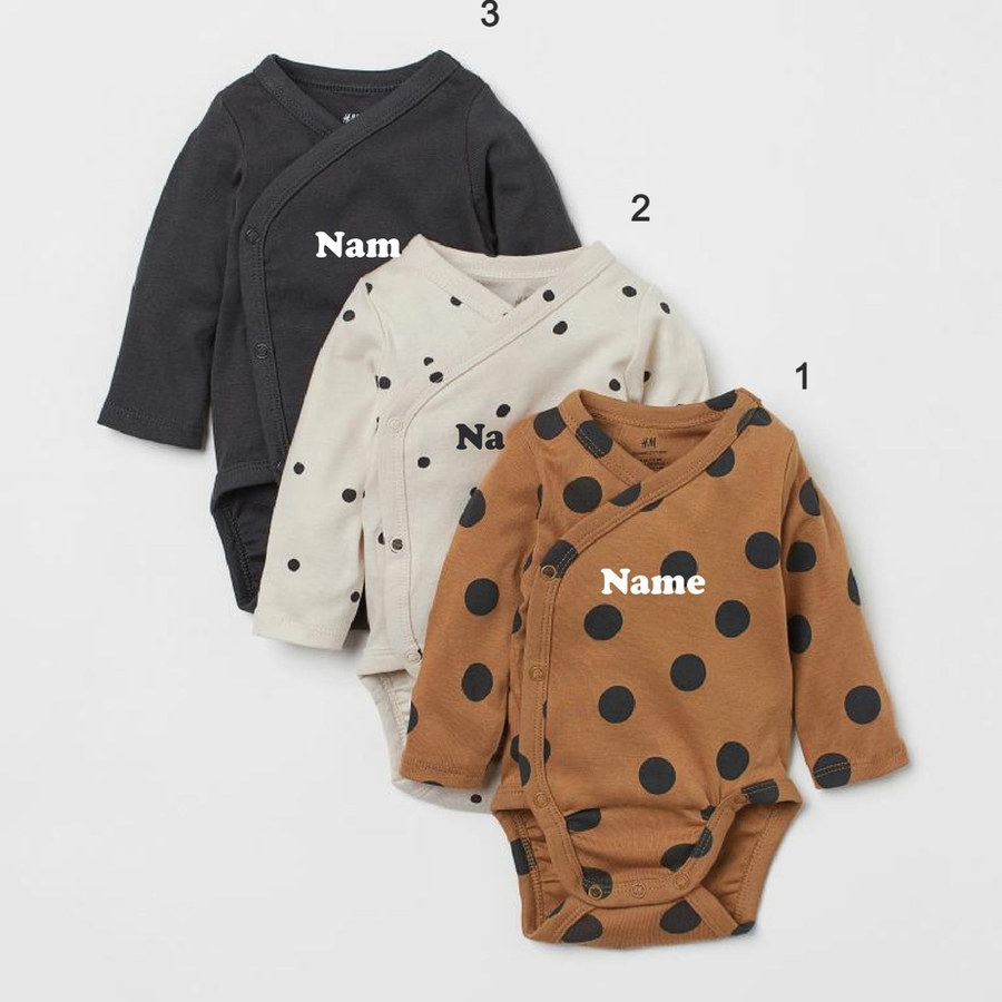 Custom Name on H&M 3-pack long-sleeved bodysuits (0-9mths) - Dark Grey/Spotted