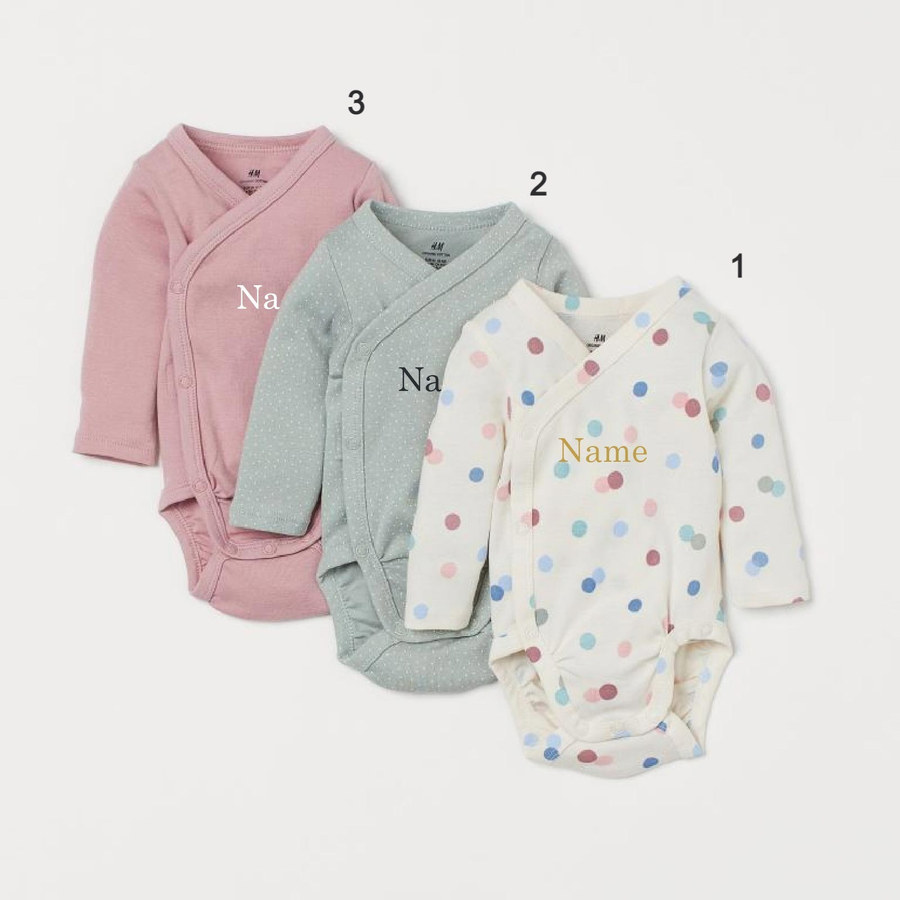 Custom Name on H&M 3-pack long-sleeved bodysuits (0-9mths) - Dusky Green/Spotted