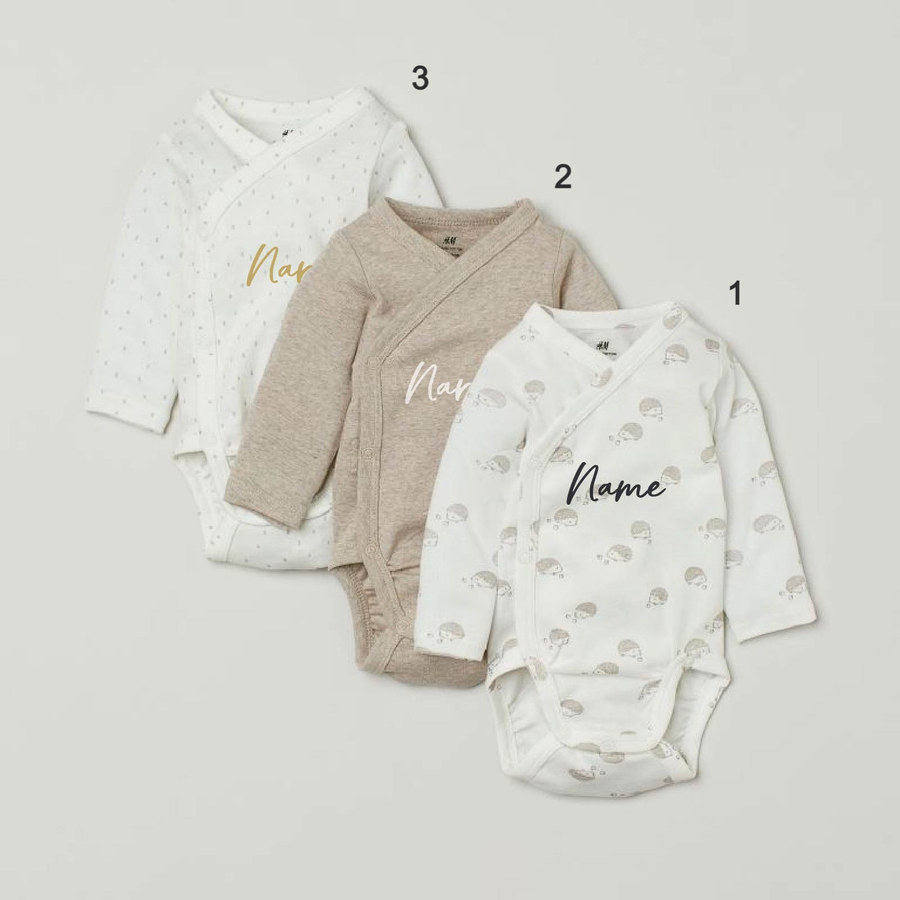 Custom Name on H&M 3-pack long-sleeved bodysuits (0-9mths) - Hedgehogs