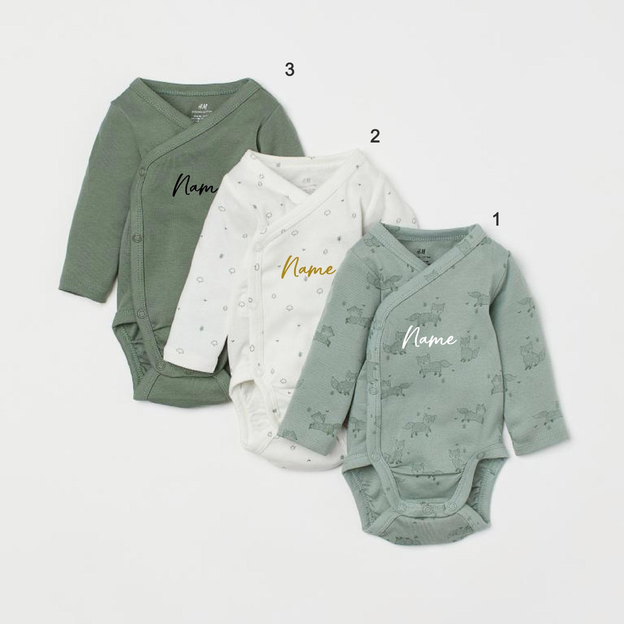 Custom Name on H&M 3-pack long-sleeved bodysuits (0-9mths) - Light Green/Foxes
