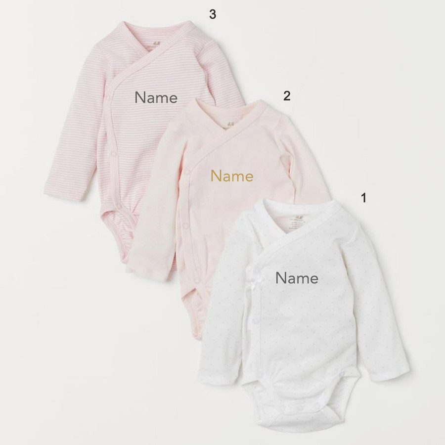 Custom Name on H&M 3-pack long-sleeved bodysuits (0-9mths) - Light Pink/Spotted