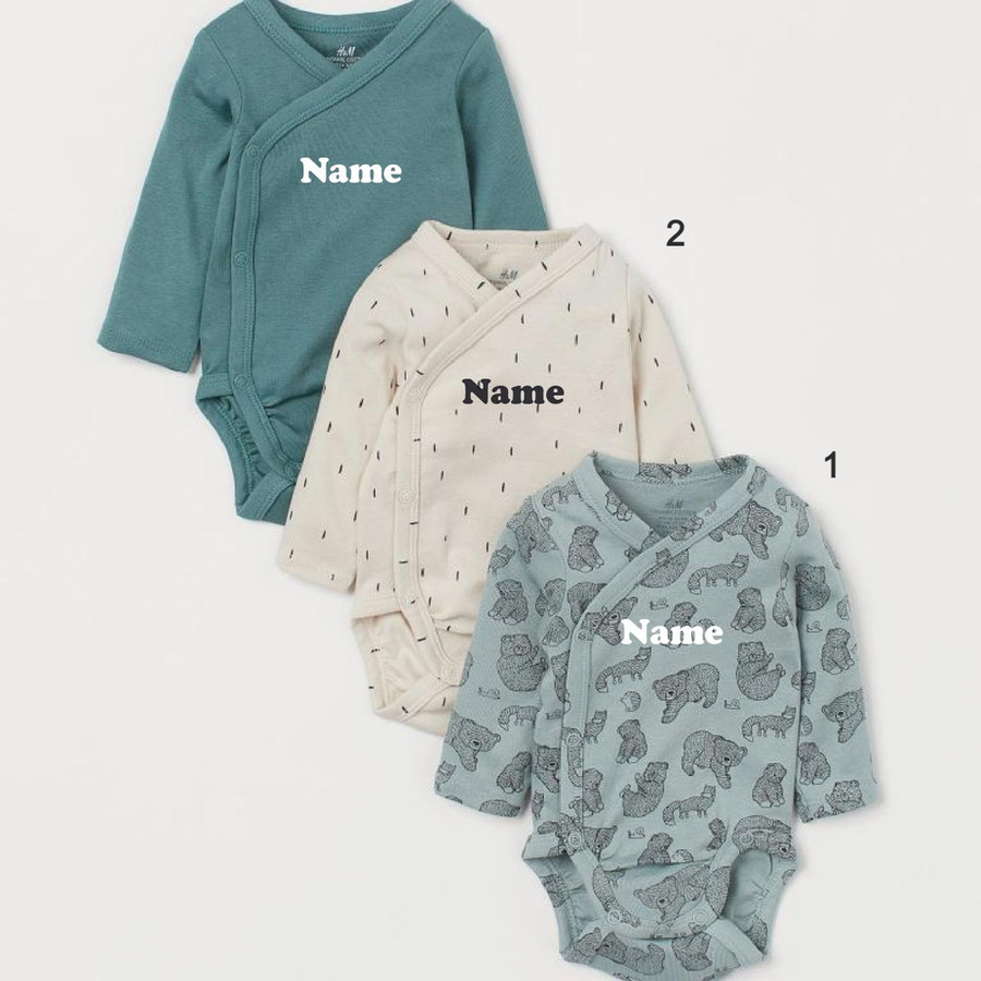 Custom Name on H&M 3-pack long-sleeved bodysuits (0-9mths) - Mint Green/Bears