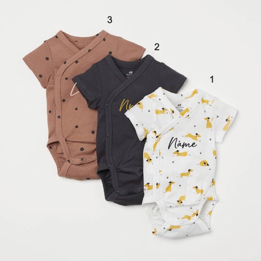 Custom Name on H&M 3-pack wrapover bodysuits -Dark beigepink/Dogs