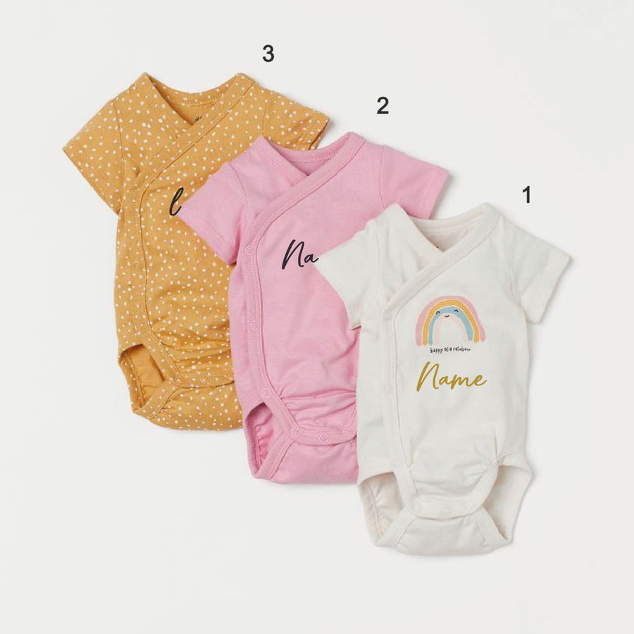Custom Name on H&M 3-pack wrapover bodysuits - Yellow Pink/Rainbow